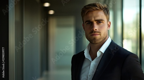 A handsome young man in a suit, looking at the camera with a confident expression and serious face, is standing by the window of a modern office building