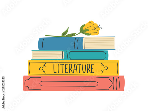 Stack of books with flower, flower decor for literature illustration