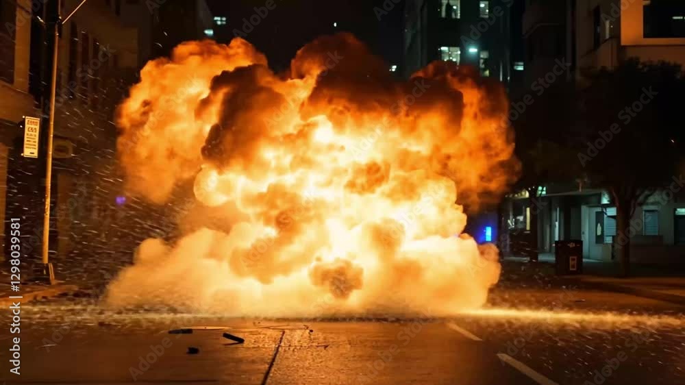 Large explosion in city street suitable for disaster films, documentaries, news reports, and emergency preparedness materials. Illustrates chaos and destruction.