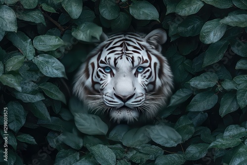 A majestic white tiger peering through lush green foliage in a serene natural habitat photo