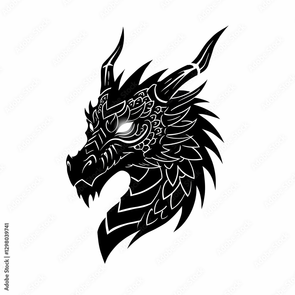Obraz premium dragon head in tribal vector silhouette style, with jagged scales, flame-like details, and glowing empty eyes, creating a mythical aura