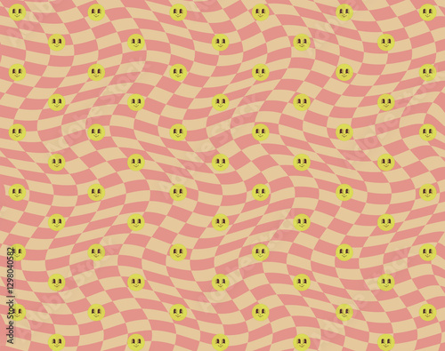 Retro pattern of yellow smiley emojis on trippy background. Funky cartoon design background