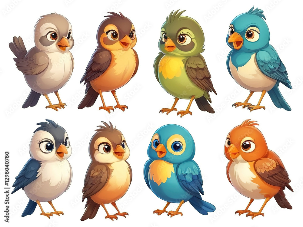 Playful and charming bird illustrations, isolated on white.