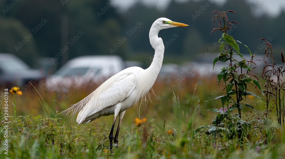 Great egret in field, cars blurred background, wildlife nature photography, stock image Great egret in field, cars blurred background, wildlife nature photography, stock image