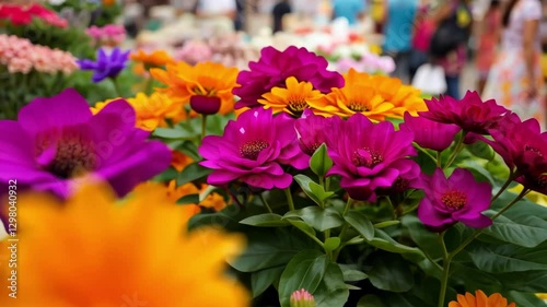 Vibrant flowers in a bustling market filled with color and life.