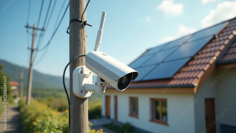 Solar Cctv Camera. Camera is attached to pole outside of house Solar Cctv Camera. Camera is attached to pole outside of house