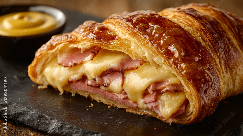 Freshly baked ham and cheese croissant on a slate board. Freshly baked ham and cheese croissant on a slate board.