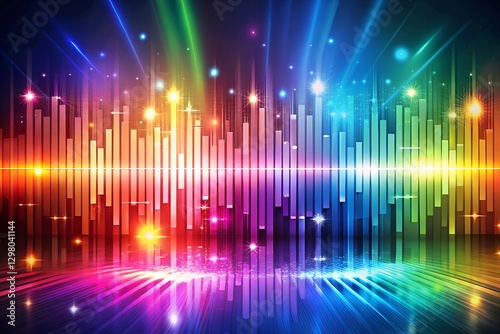 Vibrant abstract background with dynamic audio equalizer patterns representing music energy frequency and sound waves Bright colors convey rhythm harmony digital technology and creative expression