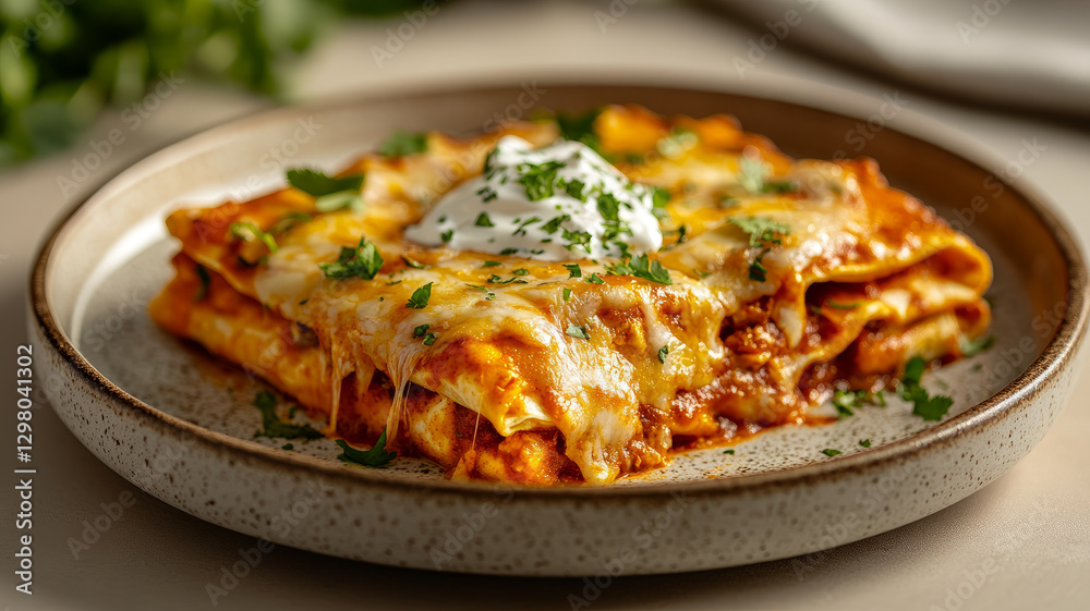 Cheesy lasagna garnished with herbs on a rustic plate. Cheesy lasagna garnished with herbs on a rustic plate.