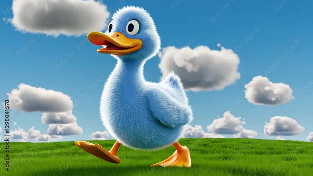 Animated Blue Duckling Walking Happily Across Green Field Cartoon Style suitable for childrens books, ecofriendly concepts, wildlife conservation campaigns, and environmental education materials.