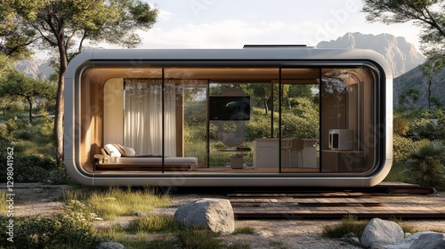 AI-controlled net-zero energy tiny home, offering futuristic sustainable living for minimalist families