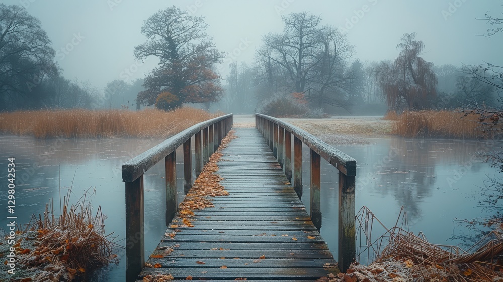 Obraz premium Serene winter scene of a wooden footbridge spanning a misty lake, surrounded by frost-covered trees and reeds. A tranquil escape into nature's beauty.