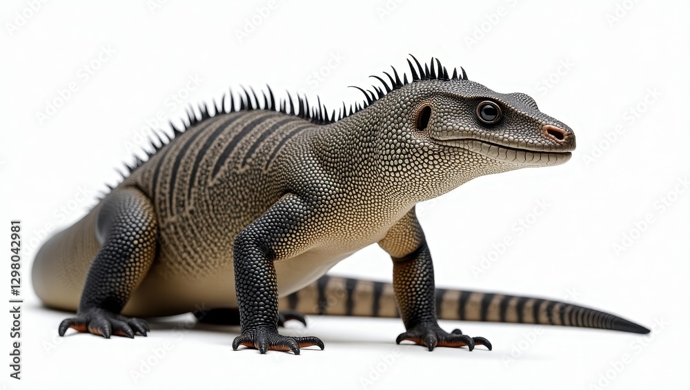 Obraz premium Tegus. Realistic prehistoric dinosaur with scaly skin and spikes walking isolated on white background, perfect for education, science projects, animation, children’s books, and museum exhibits detail