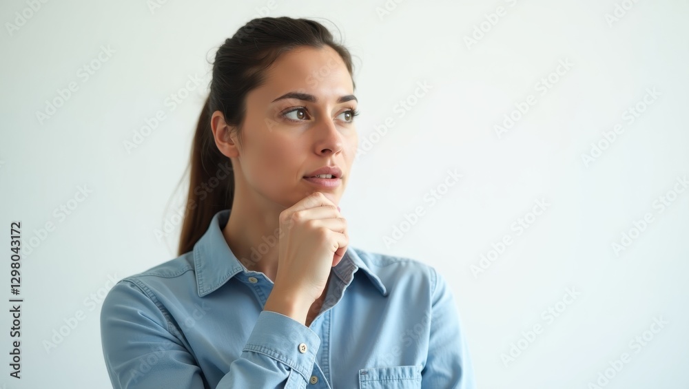 Trauma Counselling. Woman is wearing blue shirt and has her hand on her chin Trauma Counselling. Woman is wearing blue shirt and has her hand on her chin