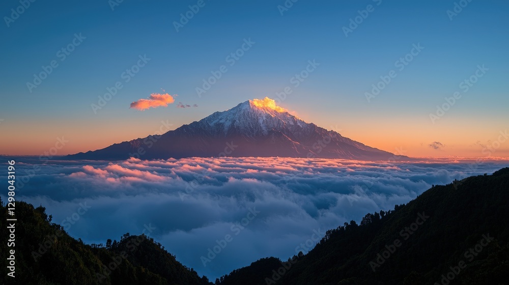 Majestic mountain peak rises above clouds at sunset, with forested foreground Majestic mountain peak rises above clouds at sunset, with forested foreground