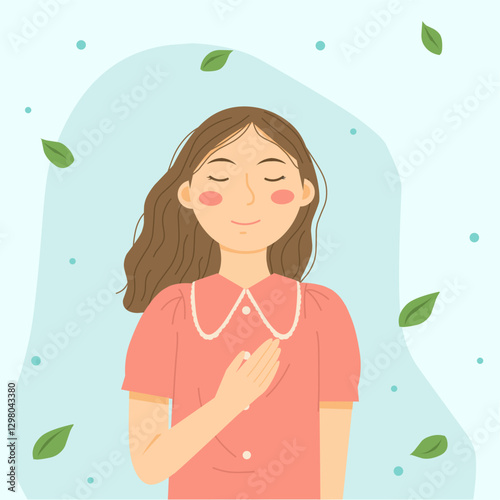 This illustration depicts a calm and peaceful woman with her hand on her chest, symbolizing self-care and mindfulness. Girl feel refreshed 
