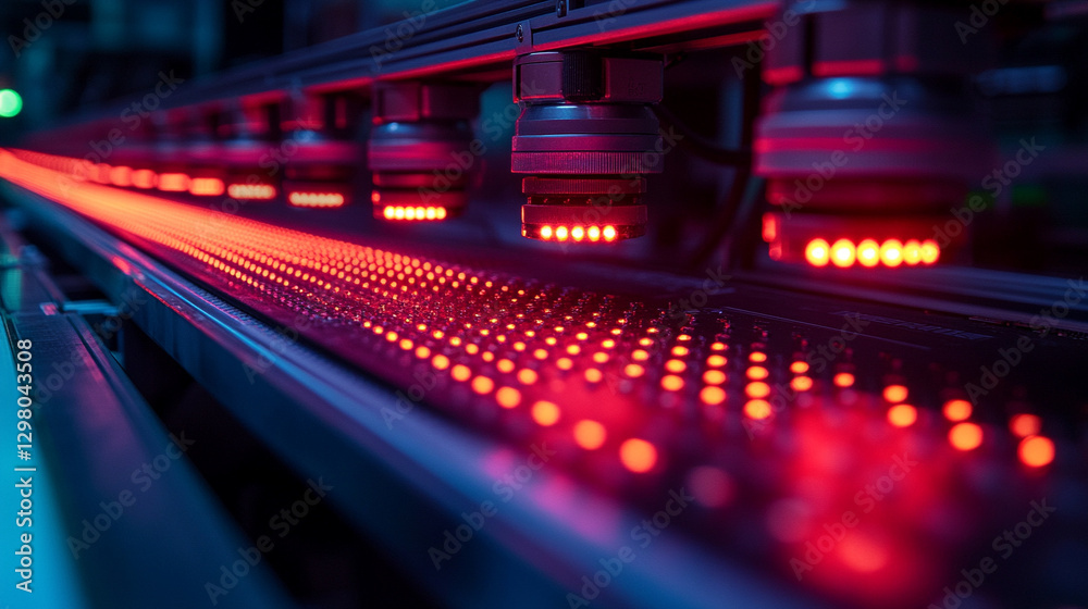 Fully automated PCB assembly line with high precision robot arms installing components and performing quality control at electronics factory representing precision technology and modern manufacturing