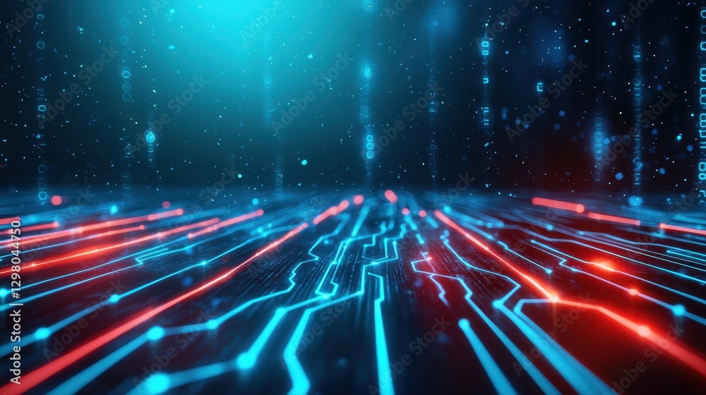 Fototapeta premium Intricate circuit board design illuminated with red and blue lights showcasing modern technology and innovation