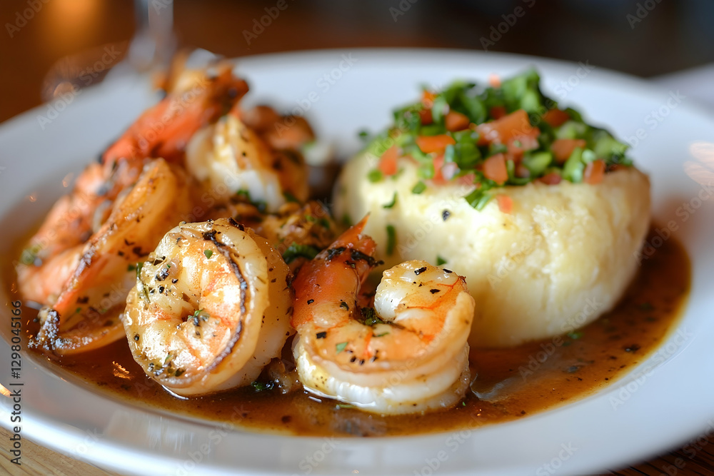 Grilled Shrimp with Mashed Potatoes and Herb Garnish, Close-Up Shot Grilled Shrimp with Mashed Potatoes and Herb Garnish, Close-Up Shot