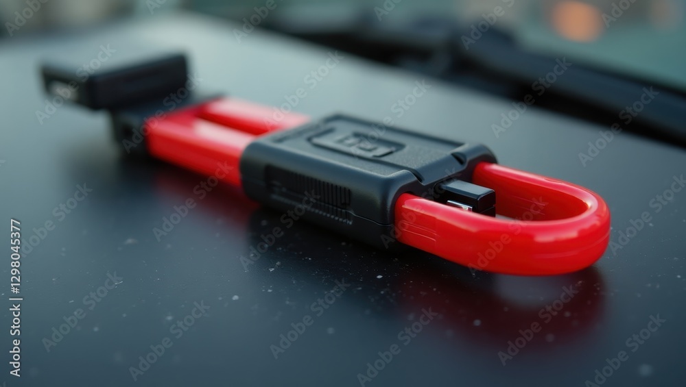 Window Breaker. Red and black cable clamp is attached to dashboard of car Window Breaker. Red and black cable clamp is attached to dashboard of car
