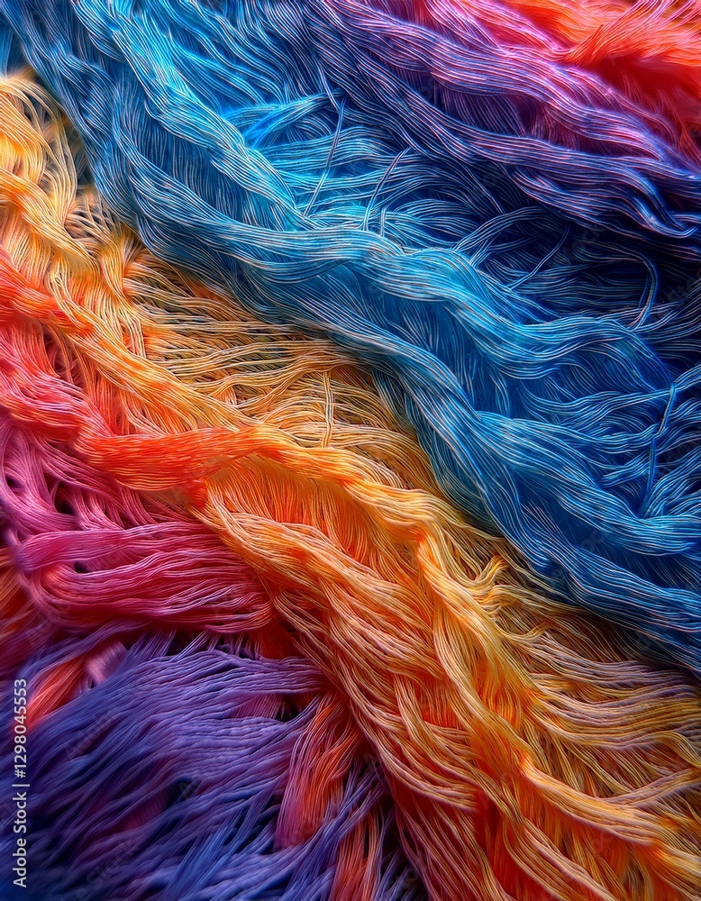 Fototapeta premium Microscopic fabric fibers weave intricate patterns with colorful threads. Detailed & textured. Ideal for textile, science, and detailed backgrounds.