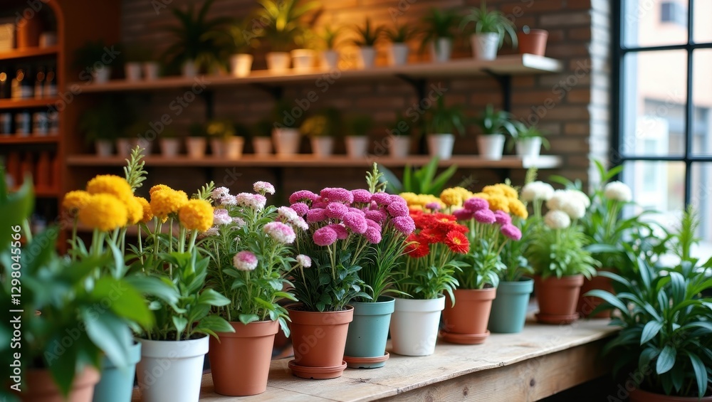 Fototapeta premium Yolly. Colorful potted flowers including yellow marigolds and pink chrysanthemums blooming on wooden table, perfect for gardening, home decor, spring decoration, bright sunlight, cozy indoor plant sh