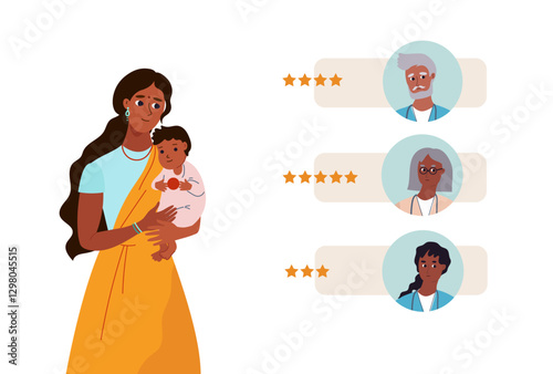 Indian mother leaves positive review doctor work. Online medical consultation, e-health concept.Pediatrics online. India Remote Medicine. cartoon flat vector illustration isolated on white background.