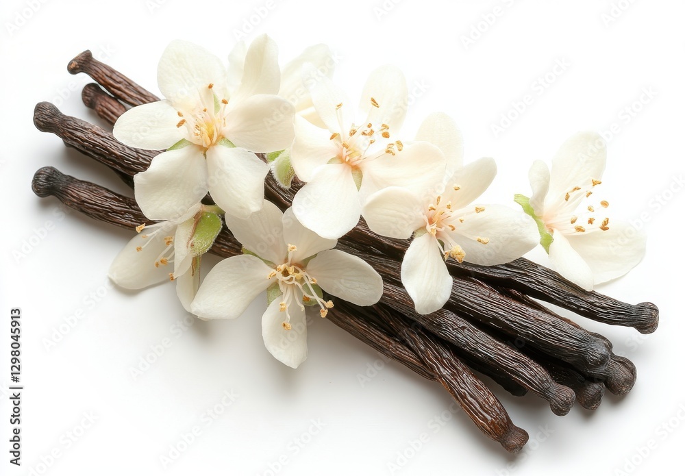 Fototapeta premium Elegant Arrangement of Vanilla Sticks and Delicate White Flowers Displaying Natural Beauty and Aromatic Essence for Culinary and Decorative Use