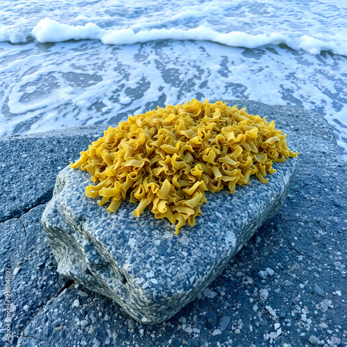 Tuft of seaweed (Bladderwrack) washed up on a granite rock by the surf