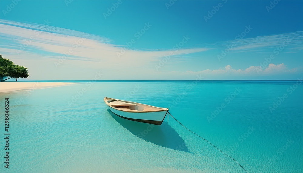 Naklejka premium Minimalist beachscape: single boat floats on calm turquoise water. Serene & peaceful coastal scene. Ideal for travel, vacation, and calming backgrounds.