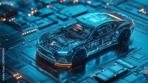 Cybernetic vehicle ECU system processing autonomous driving data, futuristic automotive engineering