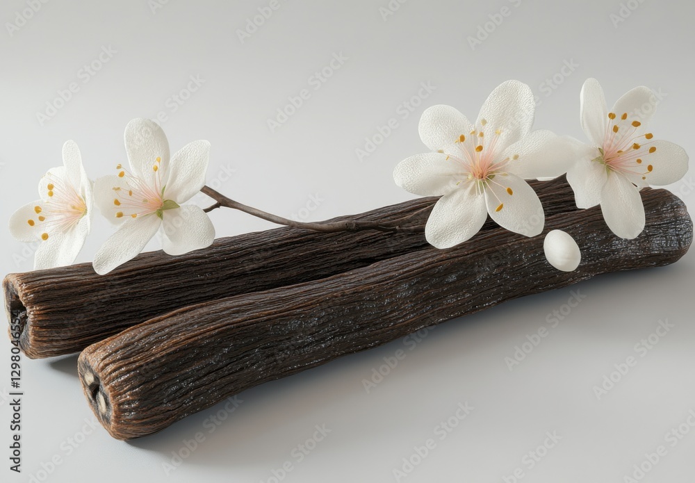 Fototapeta premium Elegant arrangement of white flowers on textured wooden logs showcasing natural beauty and harmony in a minimalist setting