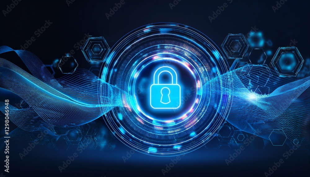 Fototapeta premium A digital illustration of a glowing padlock surrounded by abstract data waves, symbolizing cybersecurity and data protection.