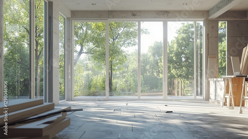 Sunlit room with large windows, wooden planks, and tools, symbolizing diy home refurbishment.