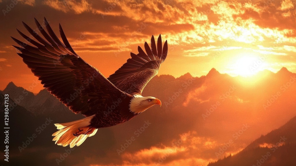 Obraz premium Eagle soaring against a sunset in the mountains