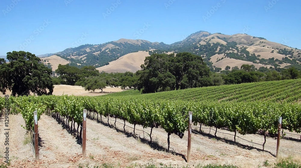 Naklejka premium Scenic vineyard rows with mountains in background