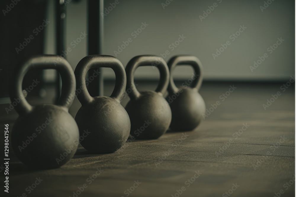 Naklejka premium Kettlebells lined up in minimalistic gym setting, showcasing the
