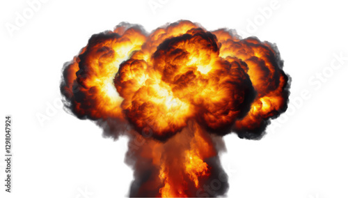 Dramatic Explosion with Fiery Flames and Thick Smoke Isolated on a white background
