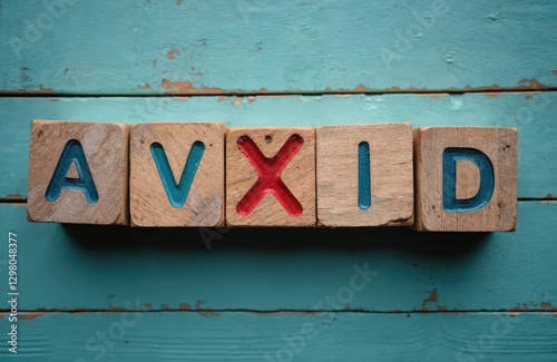 Wooden blocks with word AVOID including red cross instead of letter X. Symbol of problem solving, strategy development, finding solutions, alternate options. Concept of risk assessment, mistake photo