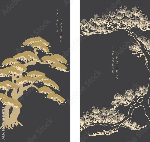 Black and gold bonsai tree or pine tree elements. Japanese background with Asian traditional icon vector. Natural art with brown background in vintage style.