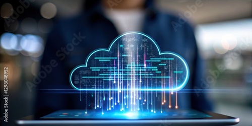 Cloud data fusion concept, Digital cloud computing with data streams displayed on a tablet screen.