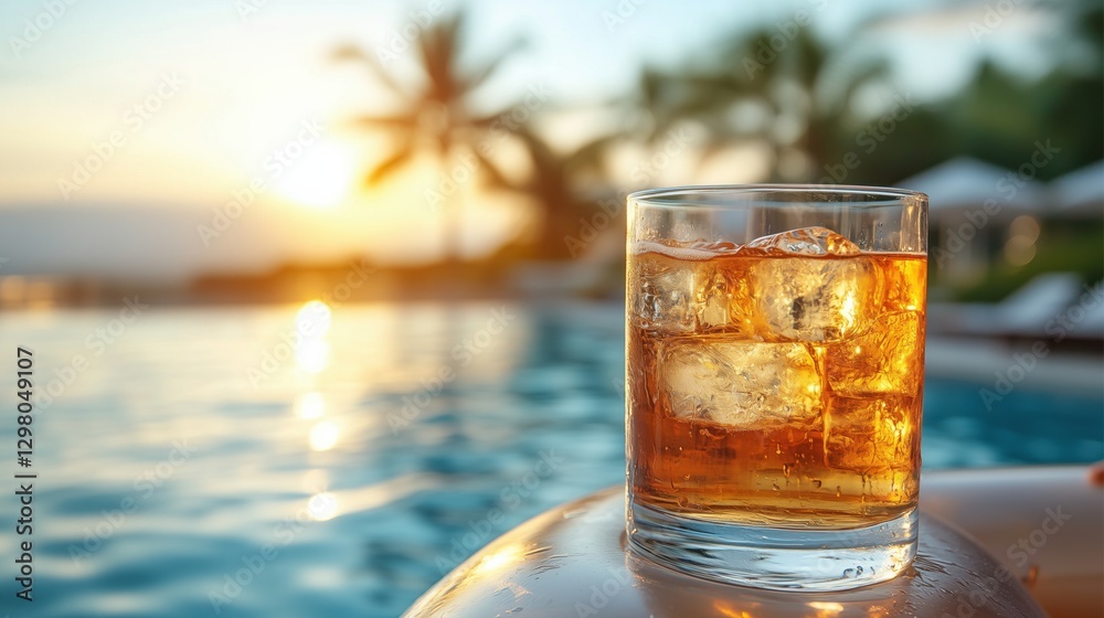 Refreshing cocktail by the pool at sunset, palm trees casting shadows, relaxation and enjoyment in a tropical paradise Refreshing cocktail by the pool at sunset, palm trees casting shadows, relaxation and enjoyment in a tropical paradise