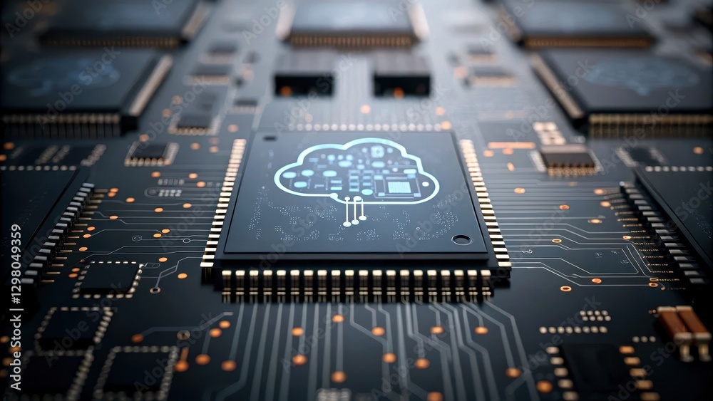 Fototapeta premium Cloud data fusion concept, Close-up of a circuit board featuring a cloud computing symbol on a microchip.