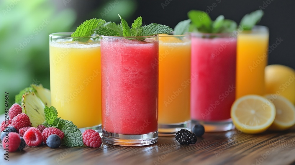 Refreshing summer fruit drinks featuring vibrant colors and delicious flavors prepared with fresh ingredients, ideal for parties or casual gatherings Refreshing summer fruit drinks featuring vibrant colors and delicious flavors prepared with fresh ingredients, ideal for parties or casual gatherings