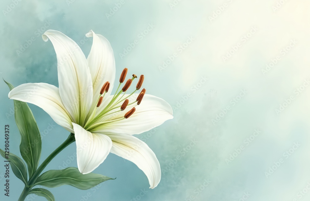 Serene white lily watercolor illustration. Elegant botanical design for spa, meditation themes. Peace, purity, tranquility. Floral art background for wedding invitation, greeting card spa design Serene white lily watercolor illustration. Elegant botanical design for spa, meditation themes. Peace, purity, tranquility. Floral art background for wedding invitation, greeting card spa design