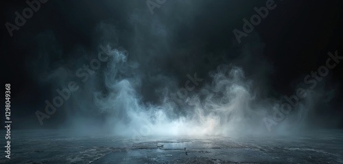 Mystical swirling mist floats in dark light. Fluid fog dance, abstract steam on floor with black background, smooth cloud, soft mystery, magic fume. Spooky wallpaper, dry ice floor.
