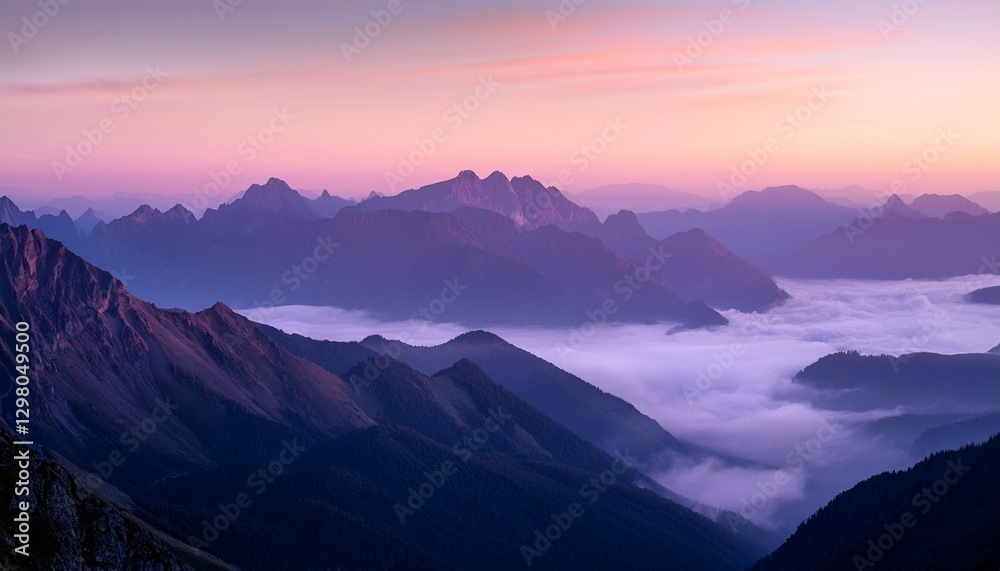 Misty mountain range at dawn: soft pink & lavender light illuminates peaks. Serene, ethereal landscape. Ideal for nature, travel, and peaceful backgrounds Misty mountain range at dawn: soft pink & lavender light illuminates peaks. Serene, ethereal landscape. Ideal for nature, travel, and peaceful backgrounds