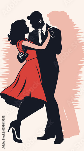 Retro Boogie-Woogie Swing Dance Couple Vector in Minimalist Flat Style for Vintage Events