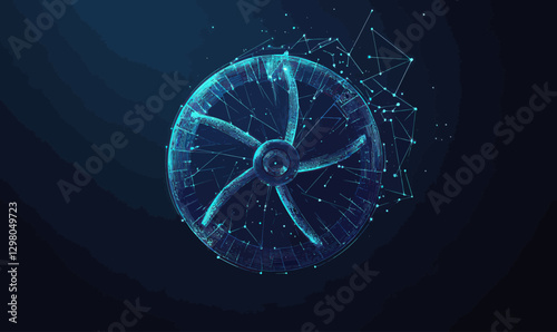Futuristic AI Chatbot Icon with Rotating Turbine Blades in Low Poly Wireframe Style