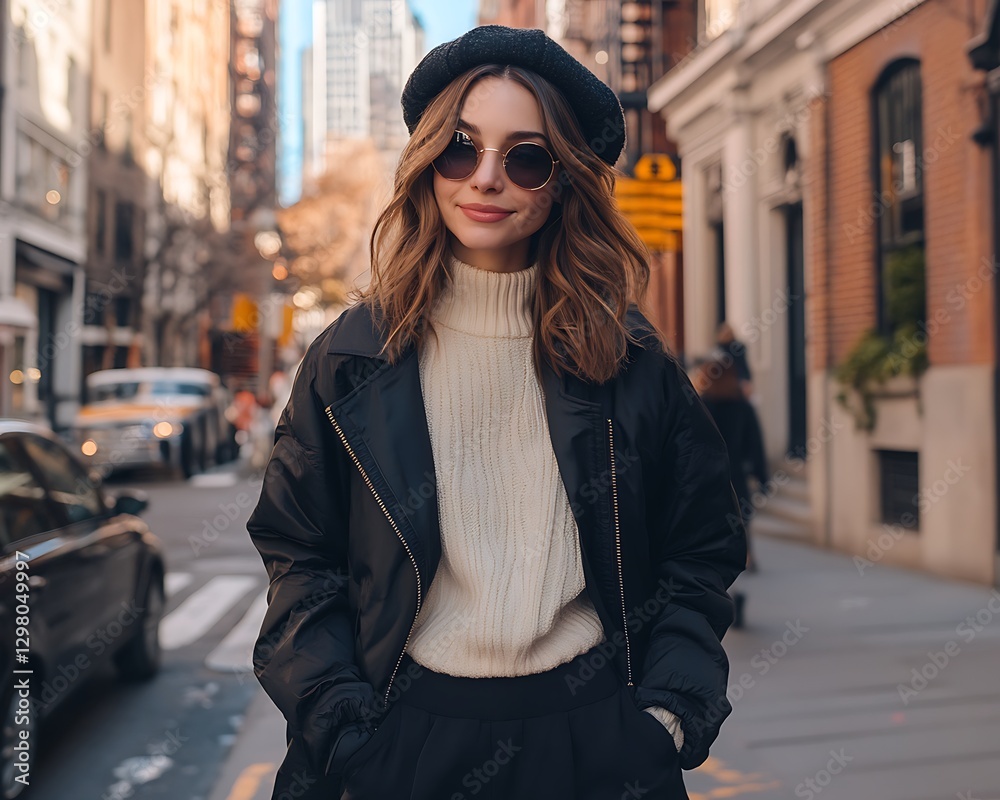 Obraz premium Woman in beret on city street
